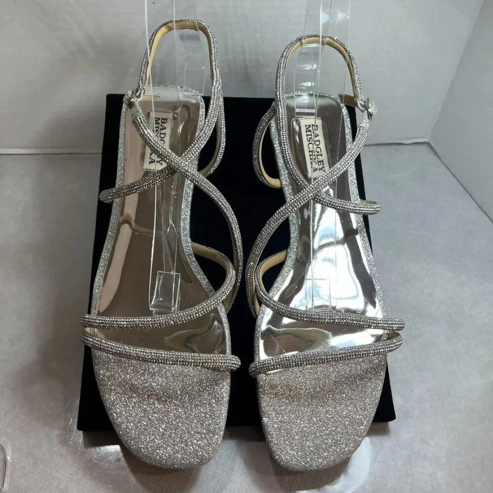 Badgley Mischka Crystal Strappy Flat Sandals Silver 10M